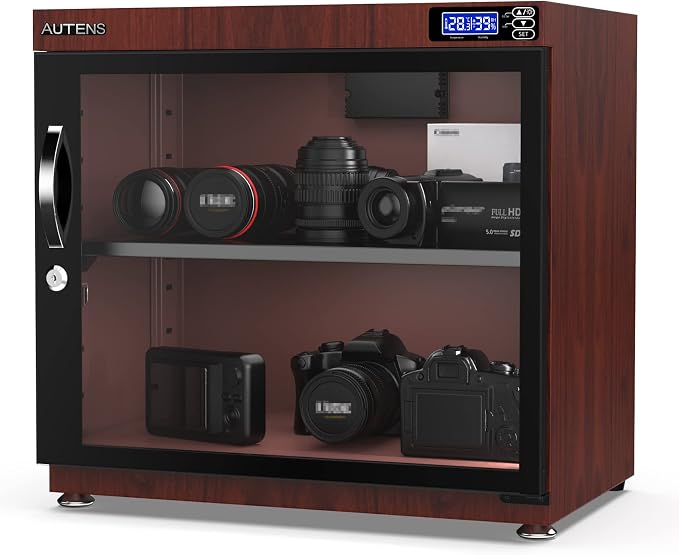 80L Dehumidifying Dry Cabinet Box, Wood grain Design Digital Control Noiseless and Energy Saving, for Camera Lens and Electronic Equipment Storage,Temperature Humidity LED Dual Screen