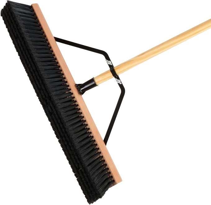 Restaurantware-Clean Tek Professional 24 Inch Push Broom, 1 Heavy-Duty Broom with 60” Handle - Fine Plastic Bristles, Durable, Wooden, Commercial Use, for Deck, Driveway, Garage, Yard, Patio