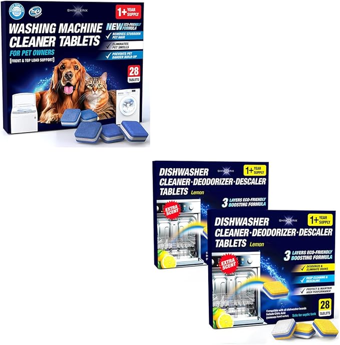 Washing Machine & Dishwasher Cleaner Tablets for Pet Owners - Front & Top Load Washer Deep Clean - Remove Pet Hair & Odors - Hard Water Descaler with Citric Acid - HE & Septic Safe - 56 Tabs - Lemon S