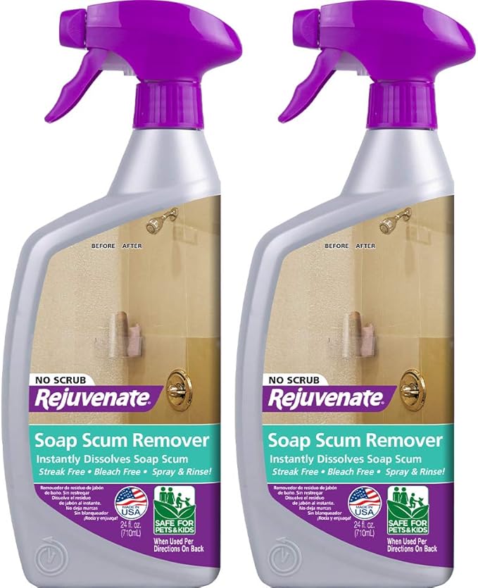 Rejuvenate Scrub Free Soap Scum Remover Cleaning Formula & Scrub Free Soap Scum Remover Shower Glass Door Cleaner Works on Ceramic Tile, Chrome, Plastic and More (2 Bottles x 24oz)