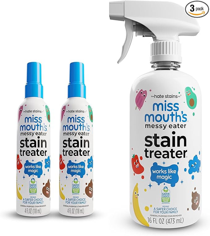 Miss Mouth's Messy Eater Stain Treater - 4oz 2-Pack & 16oz Spray Bottle - Laundry Spot Cleaner for Clothes, Carpet & Upholstery - Baby Stain Remover