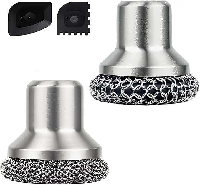 Cast Iron Scrubber and Scraper, 316 Chain Mail Scrubber for Cleaning Dishes, Stock Pots, Black, 1 Count ((Small&Large Chainmail,2pcs))