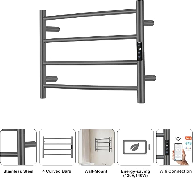 Electric Towel Rack with Voice Control for Alexa & Google Home,TUYA - Wall-Mounted Bathroom Heating Towel Warmer,Plug-in,Stainless Steel Material,16.54x23.62x5.51 in,Gunmetal Grey，4 Bars