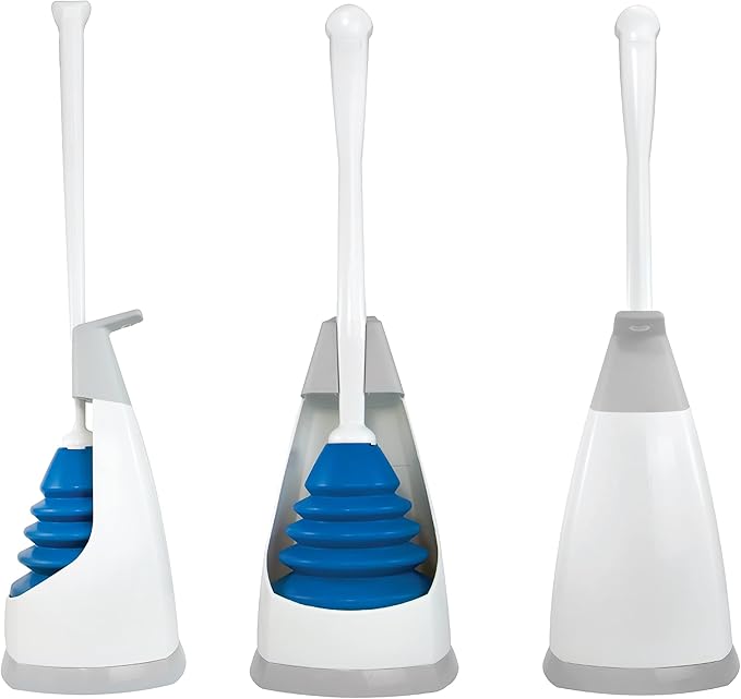 Unger EZ Plunger with No-Drip Carrying Caddy, Tight Seal Toilet Bowl Tool with Portable Holder, Discreet Bathroom Cleaning Supplies, Declogger with Cover, Accordion Shape for Less Splash Back