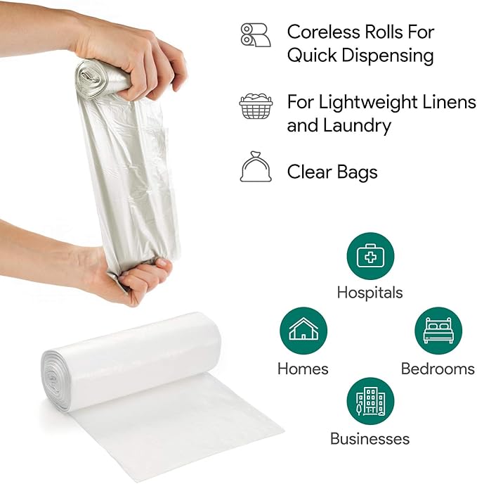 33 Gallon Clear Garbage Can Liners, 100 Count - 30-40 Gallon Large Trash Can Liners - High Density, Thin, Lightweight, 10 Microns - For Office, Home, Hospital, Wastebaskets -4 Coreless Rolls
