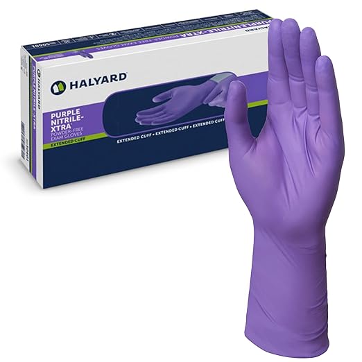 HALYARD Purple Nitrile-Xtra Exam Gloves, Sterile (Individually Wrapped), Powder-Free, 5.9 mil, 12 Inches, Purple, Medium, 14261 (Box of 100/50 Pairs)