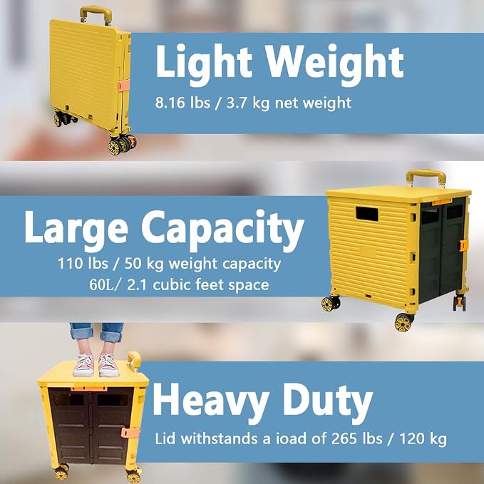 FELICON SELORSS Foldable Utility Cart Folding Portable Rolling Crate Handcart with Durable Heavy Duty Plastic Telescoping Handle Collapsible 4 Rotate Wheels for Travel Shop Move Luggage Office(Yellow)