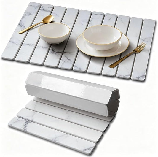 Stone Drying Mat for Kitchen Counter, Quick Diatomaceous Earth Mats for Dishes, 23.6"L x 15.7" W Super Absorbent Fast-Drying Collapsible Countertop Stone Mat (Marble White, 24" x 16")