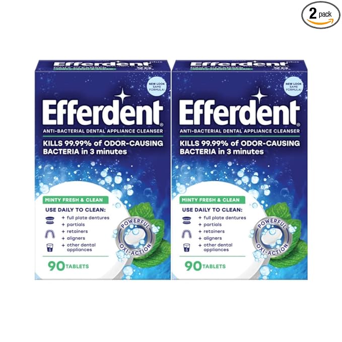efferdent Retainer Cleaning Tablets, Denture Cleaning Tablets for Dental Appliances, Minty Fresh & Clean, 90 Count, New Packaging - PACKAGING MAY VARY (Pack of 2)