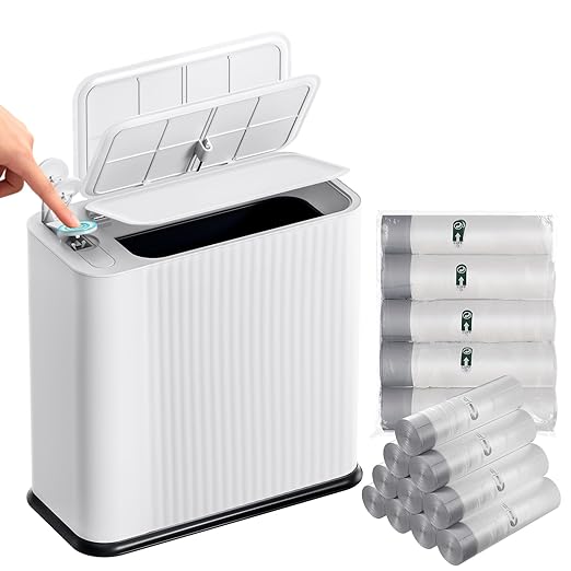 Bathroom Trash Can with Lid 13 Liter/ 3.5 Gallon White Trash Can with Pop-Up Lid Bedroom Trash Can Small Garbage Can with 150 Counts Trash Bags for Small Bathroom Bedroom Office