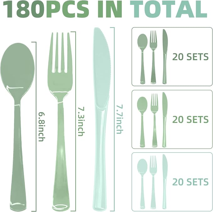 180 PCS Gradient Sage Green Plastic Silverware Heavy Duty Sage Green Cutlery Disposable Set Include 60 Forks, 60 Knives, 60 Spoons for Birthday, Baby Shower, Wedding