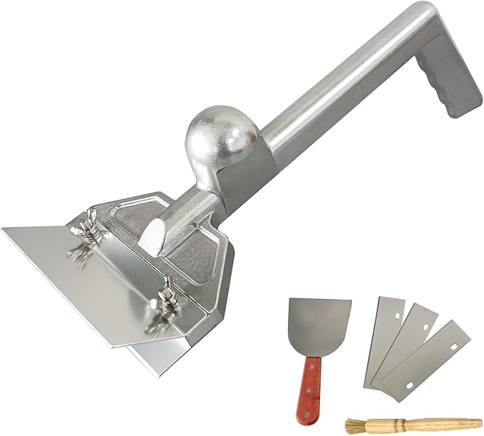 Grill Scraper Heavy Duty Commercial Griddle Scraper Flat Top Grill Accessories Barbecue Cooking Tool with 1 Shovel 3 Extra Blades and 1 Brush for Outdoor Grill Barbecue