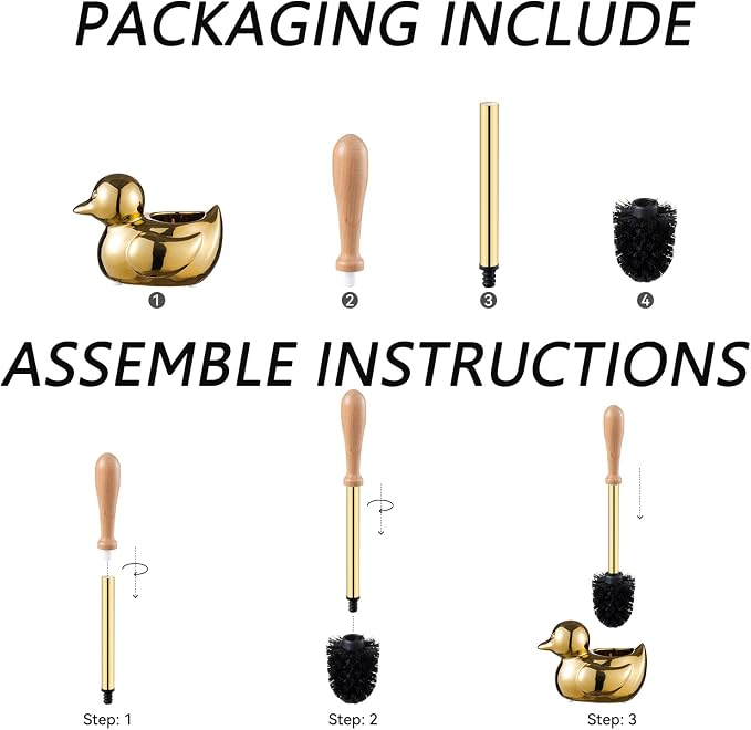 Gold Duck Toilet Brush and Holder Set,Non-Slip Handle Toilet Bowl Brush with Wooden & Stainless SteelHandle, Practical Bathroom Accessories Cleaning Tools Set，1 pcs