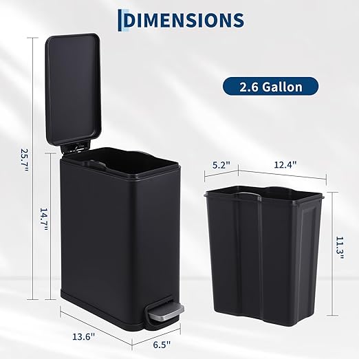 Garvee Small Bathroom Trash Can with Lid, 10 Liter / 2.6 Gallon Stainless Steel Garbage Can with Removable Inner Bucket & Step Pedal, Slim Metal Trash Bin for Toilet, Bedroom, Kitchen, Office, Black