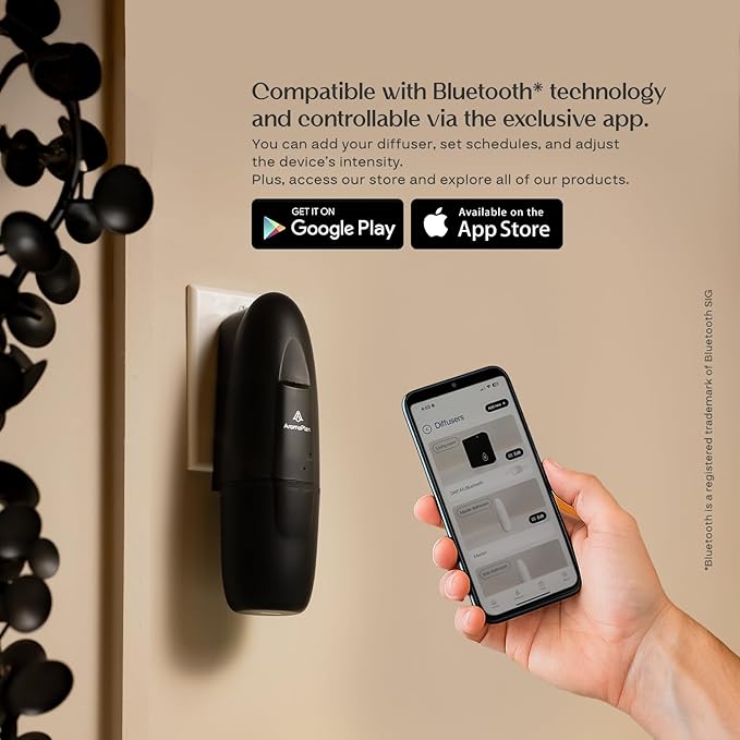 AromaPlan 5 Star Collection Plug in Diffuser (2 Fragrances Included)-Cold Air & Waterless Diffusers for Home & Office- Silent Wall Diffuser Plug in, Bluetooth App Control, 500 sq. ft (Black)