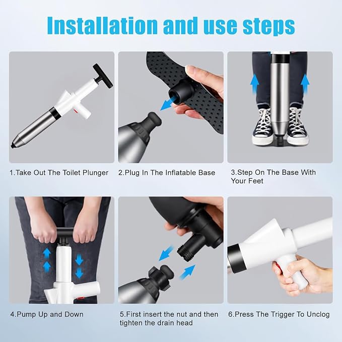 Fast Toilet Plunger High Pressure with Storage Bag, Heavy Duty Air Drain Blaster & Unclogger Tool, Clog Remover Kit & Toilet Snake Alternative for Bathroom, Toilets, Sinks, Tubs, Pipes (White)