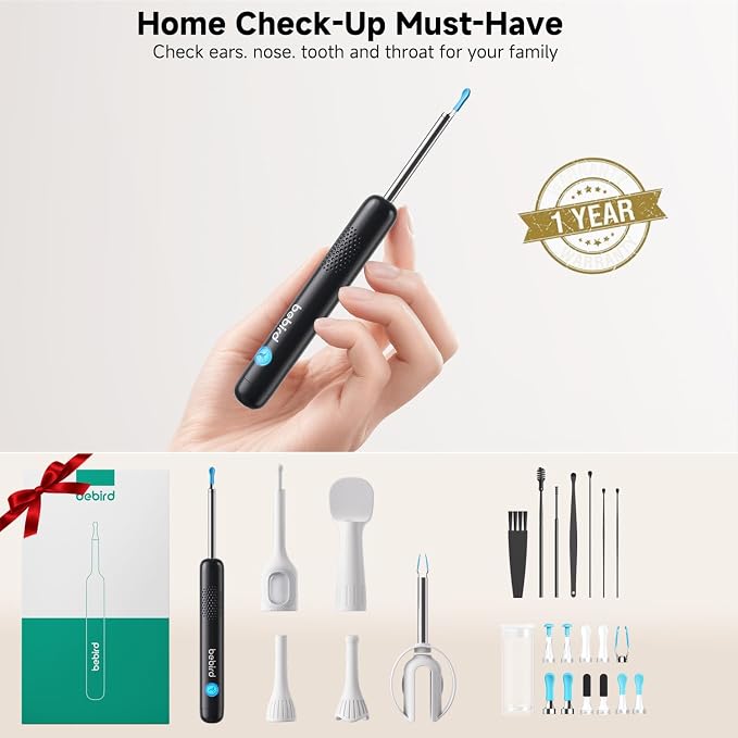 BEBIRD R1 Ultra Ear Wax Remova, Ear Cleaner with Camera Ear Scope, Wax Remove Ear Pick with Ear Otoscope Tweezers, Visual Dropper Cleaning Kit, Ear/Nose/Throat Examination Tool for Family, Black