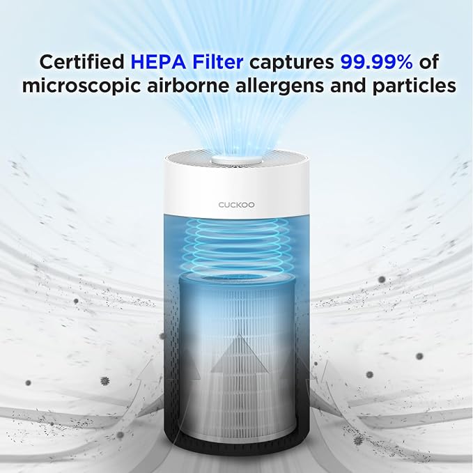 CUCKOO True HEPA Air Purifier Bundle with Extra Filter, Up to 456 sq. ft., 3-Stage Filter with H13 HEPA and Activated Carbon, Small Air Purifiers for Home Bedroom, White (CAC-I0510FW)