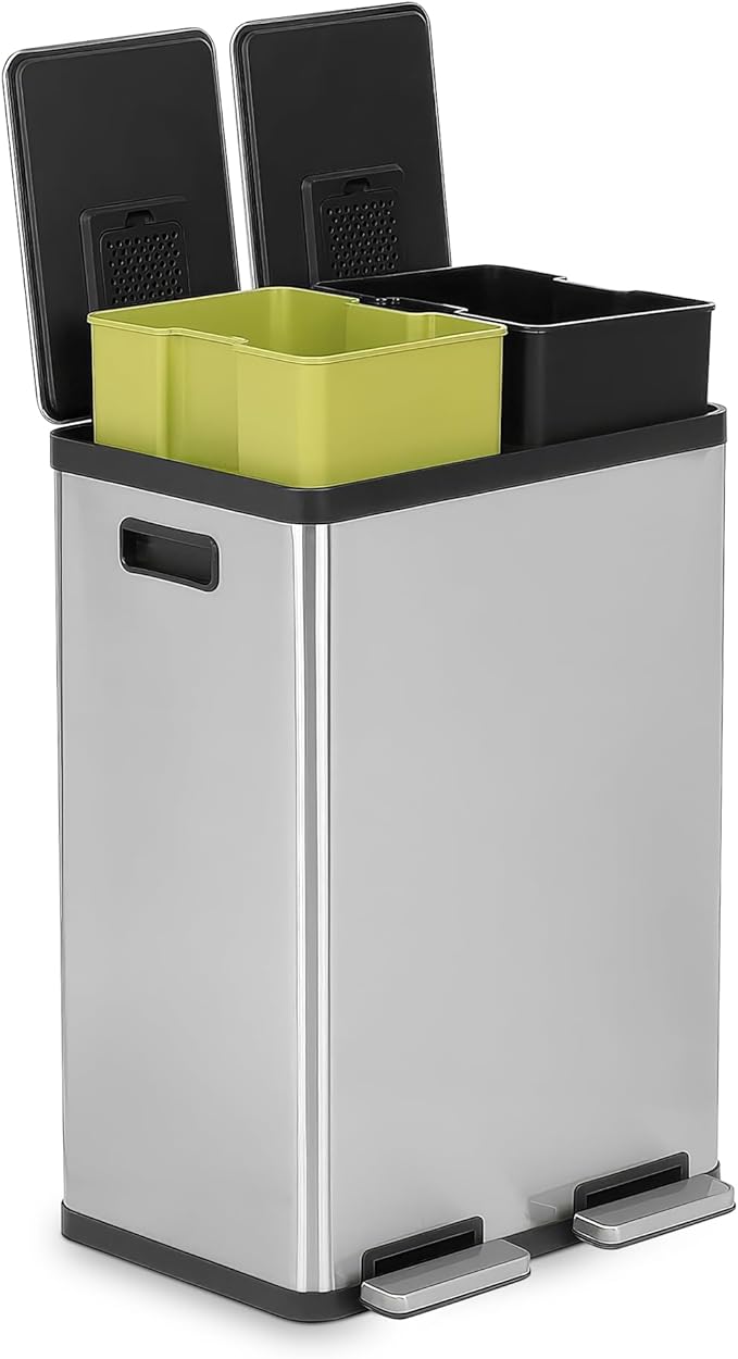Simpli-Magic 16 Gallon (60L) Dual Compartment Step Trash Can – Kitchen Garbage Can with Waste & Recycling Bins – Slow-Close Lid, Odor Control, Hands-Free, Inner Bases, Premium Stainless Steel