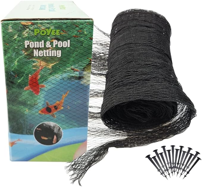 POYEE 15x20ft Pond Netting for Leaves Leaf Net Cover Pond Net with Small Fine Mesh Protecting Koi Fish from Birds Cats Stakes Included
