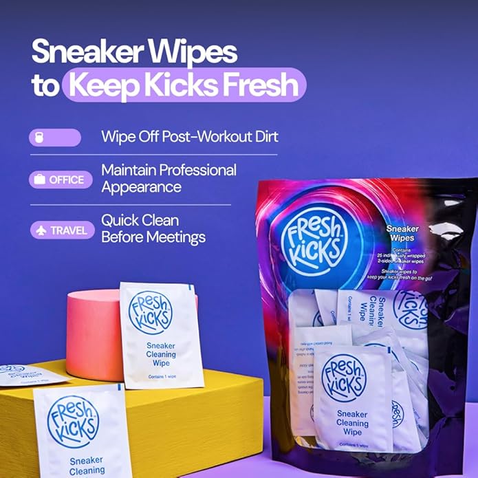 FRESH KICKS Sneaker Wipes Cleaner – 25 – Pack Quick Wipes for Sneakers On-the-Go – Safe on Leather, Suede & White Shoes – Shoe Cleaning Wipes Remove Dirt & Stains – Travel Shoe Cleaner Kit Essential