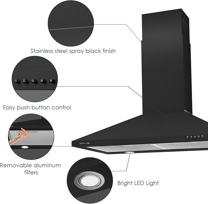 30 Inch Wall Mount Range Hood Ducted/Ductless Convertible Kitchen Exhaust Hood with 450 CFM Motor, 3 Speed Fan, LED Lighting and Dishwasher Safe Filters, Matte Black Painted Finish