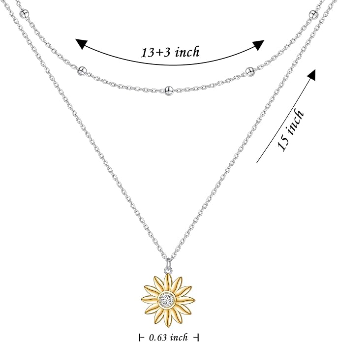 FLYOW Layered Choker Necklace S925 Sterling Silver Star Full Moon Daisy Flower Pendant Disc Jewelry Adjustable Clavicle Necklaces for Women Girls Birthday Gifts