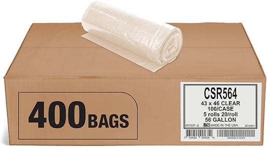 Aluf Plastics - Tough Garbage Bag, 56 Gallon, 2 Mil (eq), 43"x46", Clear, 400 Count (5 Rolls of 20)