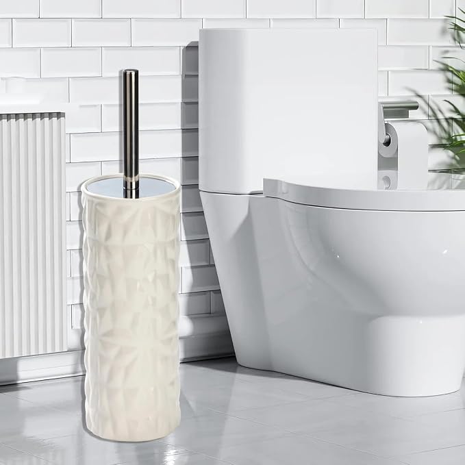 J&V TEXTILES Ceramic Toilet Brush, Toilet Bowl Brush with Extra Long Handle Durable Bristles Toilet Scrubber and Covered Holder for Toilet Brush Set for Bathroom Cleaning (Chrome/White)