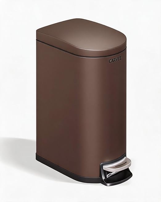 Slim Stainless Steel Bathroom Trash Can 2.6 Gallon/10L – Step Pedal, Lid, Soft-Close, Removable Inner Bucket, Odor Control, Rear Handle, Waterproof, for Compact Spaces, Bedroom, Office – Brown