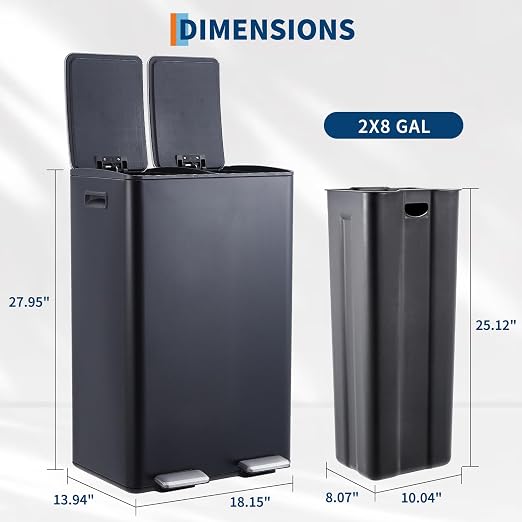 Garvee Dual Trash Can, 16 Gal (2 x 30 l) Stainless Steel Kitchen Garbage Can with Lid and Inner Bucket, Double Compartment Trash and Recycle Bin Combo with Step Pedal for Home Office, Black