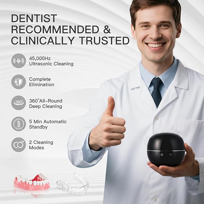 Dental Ultrasonic Retainer Cleaner Machine: 45kHz Dental Cleaning Pod for Denture, Aligner, Mouth Guard, Night Guard, Braces & Jewelry, UV Denture Cleaner with Digital Timer & Dual Mode 250ML Black