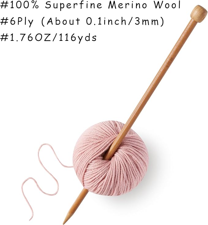 100% Merino Wool Yarn, 6-Ply Luxurious and Soft Yarn for Hand Knitting & Crocheting, 1.76 OZ/50g, 127 yds/116 Meters (Light Pink, 3 Balls)