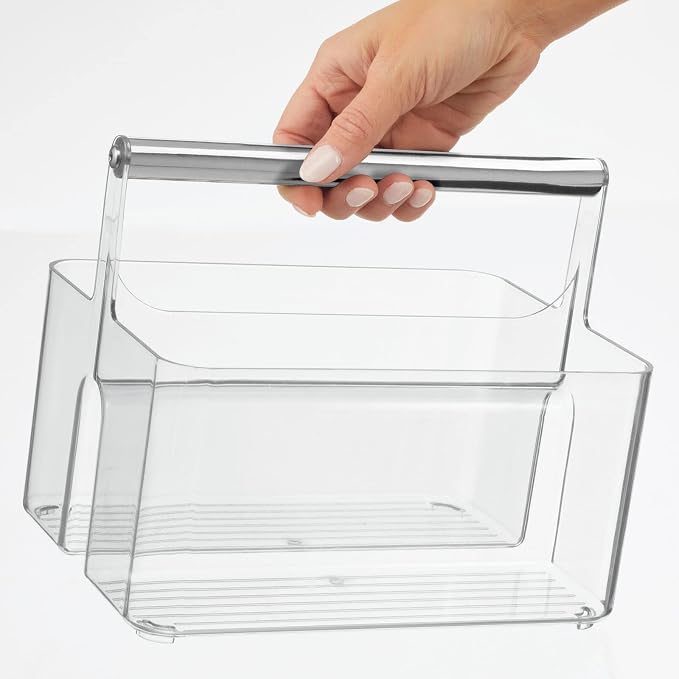 mDesign Plastic Shower Caddy Storage Organizer Utility Tote, Divided Basket Bin - Metal Handle for Bathroom, Dorm, Kitchen, Holds Soap, Shampoo, Conditioner - Aura Collection - Clear/Chrome
