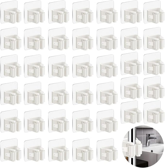 3-H 40 Pack Self Adhesive Broom Holder Wall Mount - Heavy Duty No Drill Broom Organizer for Garage Closet Kitchen, Plastic Storage Rack for Brooms Mops Tools, Peel and Stick Adhesive, White