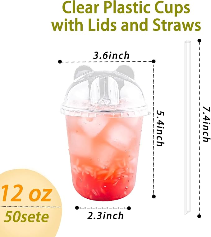 Qsqwsuye 50 Sets 12oz Disposable Transparent Plastic Cup with Panda Lids & Straws, Easy-to-Grip Design, Suitable for Iced Coffee, Milk Tea,Milkshakes,Perfect for Holiday Parties,Various Dining Occasio
