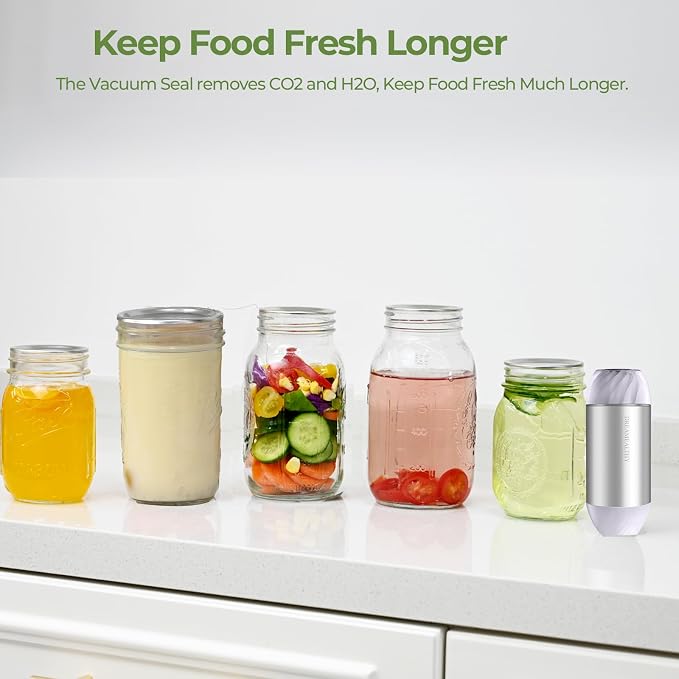 Automatic Mason Jar Sealer Kit – Vacuum Seal in 10S, Auto Stop, Compact Handheld Vacuum Sealing Machine for Canning Jars, Wide & Regular Mouth, 2 Sous Vide Bags. VP04-masonsets
