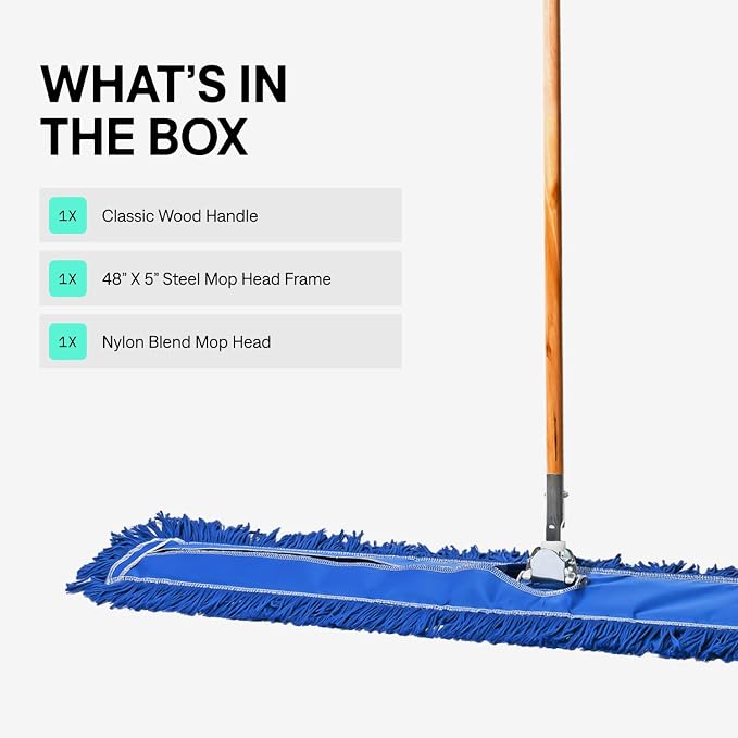 Commercial Floor Sweeper, 48 in. Reusable Mop Head, Wooden Handle, Industrial Dry Mop for Hardwood Floors, Blue