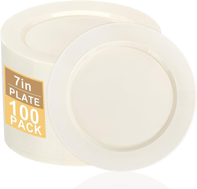 I00000 100 Pc Ivory Plastic Plates,7inch Small Cream Dessert Plates, Elegant Disposable Plate Perfect for Birthday, Wedding, Baby & Bridal Shower or Party (100 Guests)