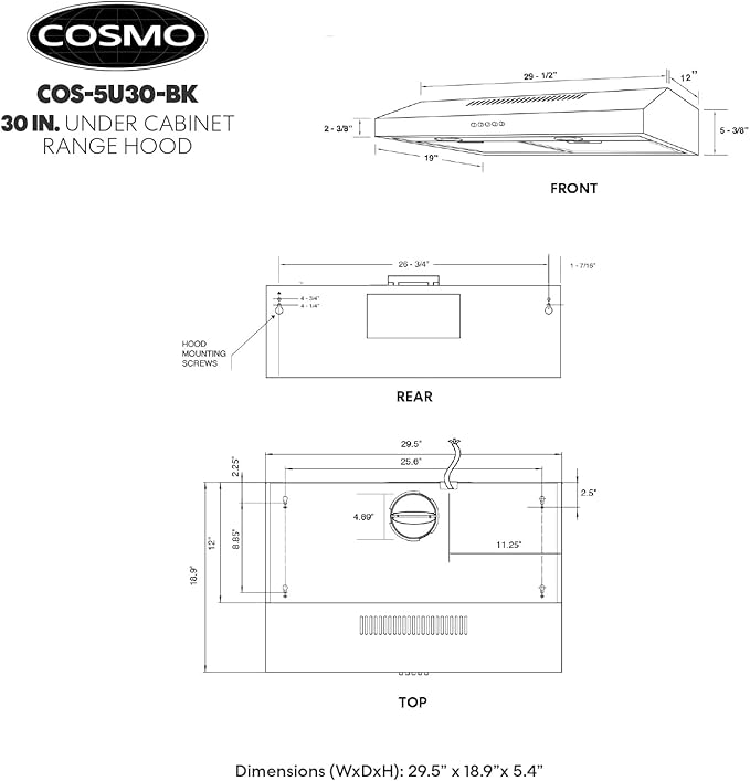 COSMO COS-5U30-BK 30 in. Delta Collection Ducted Under Cabinet Range Hood, Button Controls, Reusable Filters, LED Lights in Matte Black