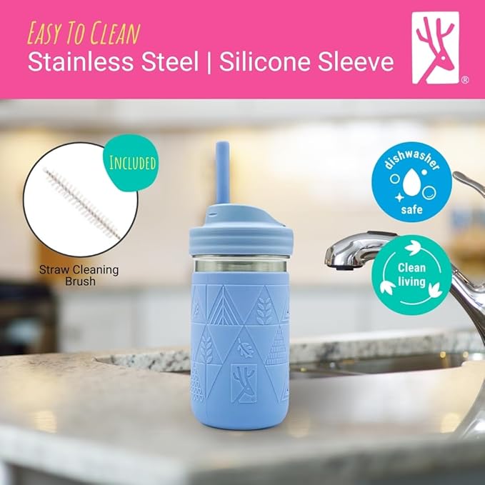 Elk and Friends 14oz Stainless Steel Kids + Toddler Drinking Cups | The Original Mason Jar with Sleeves + Lids | Silicone Straws | Smoothies | Storage Jar | Spill Resistant | Dishwasher Safe | 2 Pack
