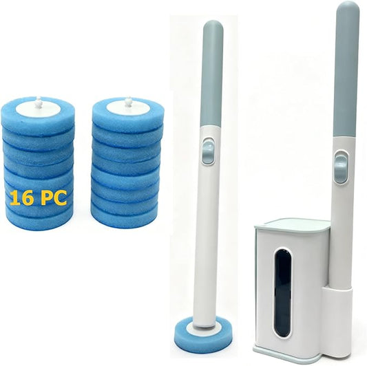 Disposable Toilet Brush，Wall Mounted Toilet Bowl Holder Set with 16 Wand Cleaner Refills Pads，Toilet Cleaning System Starter Kit，Bathroom Cleaning System for Sink Bathtub Wash Basin