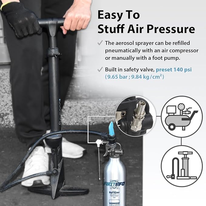 FIRSTINFO A1638Y5(3rd Gen) Patented Lightweight Max. Pressure 140psi / 620ml Thickened Aluminum Canister Refillable High Pressure Aerosol Spray Can/Pneumatic Compressed Air Sprayer