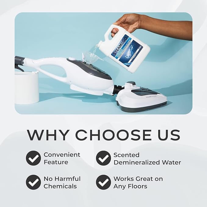 Steam & Go - The Housekeeper Steam Cleaner For Floors & Demineralized Water Bundle, 10-in-1 Hard Floor Cleaner Machine & Grout Steam Cleaner with Floor Cleaning Solution, Clean Ocean, 32 oz