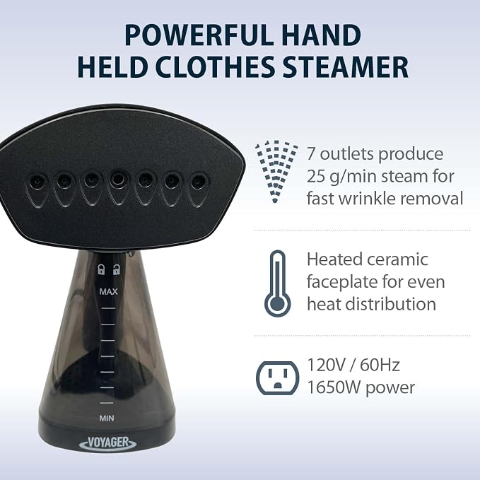Voyager Cloud Handheld Clothes Steamer, 1650W power, Lightweight Garment and Fabric Steamer, Matte Black