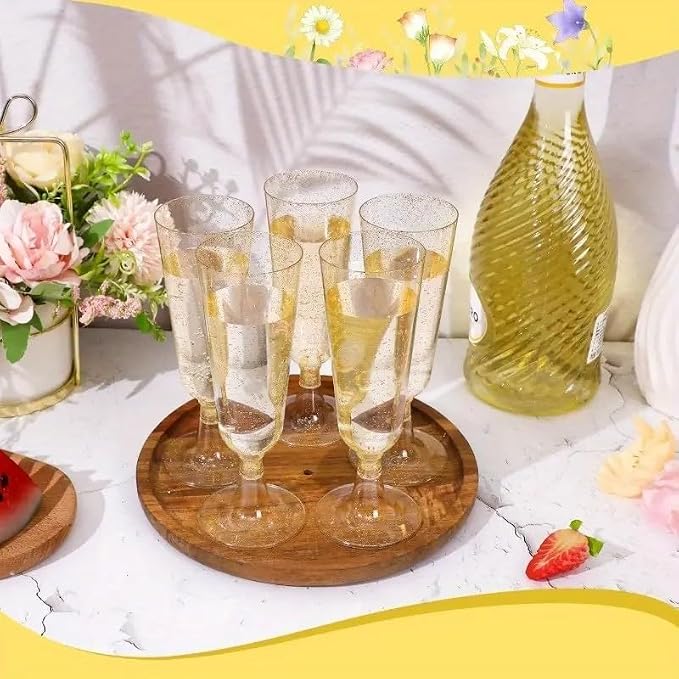50 Pack Plastic Champagne Flutes 5.5oz Gold Glitter Disposable Suitable for Wedding, Birthday Party, Thanksgiving Day, Christmas Supplies