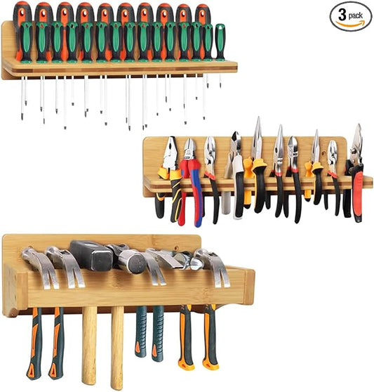 Wall Mounted Screwdriver Rack, Bamboo Pliers Holder Hammer Wall Rack Tools Storage for Garage Workshop - 3 Pack