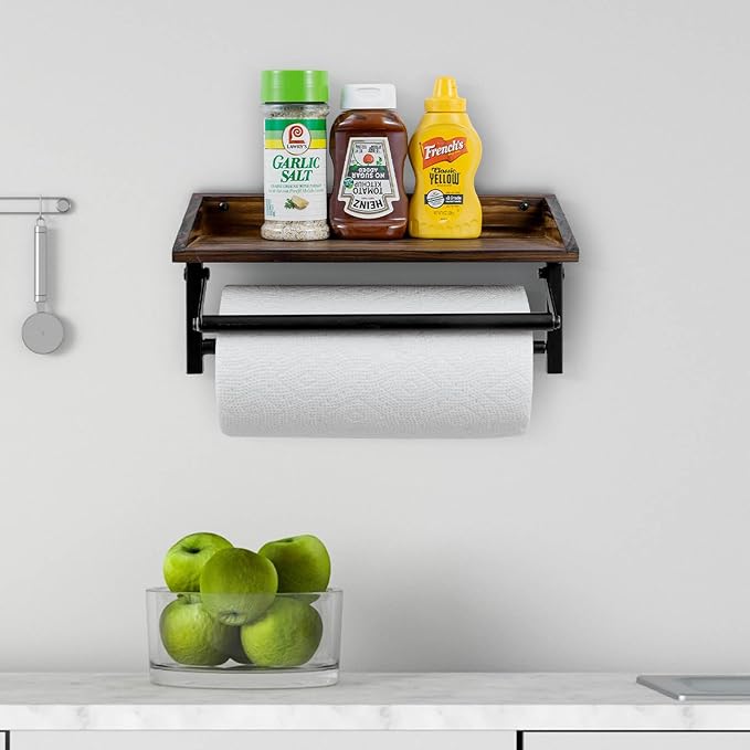 MyGift Paper Towel Holder for Kitchen, Shabby Whitewashed Wood Farmhouse Wall Mounted Kitchen Napkin Dispenser Rack with Top Storage Shelf Spice Racks (Matte Black Metal Paper)