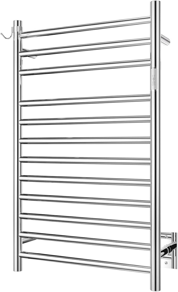 Wall Mounted Towel Warmer 12 Bars with Plug-in and Hardwired Options 3 Working Modes Mirror Polished Stainless Steel 21”W 34”H
