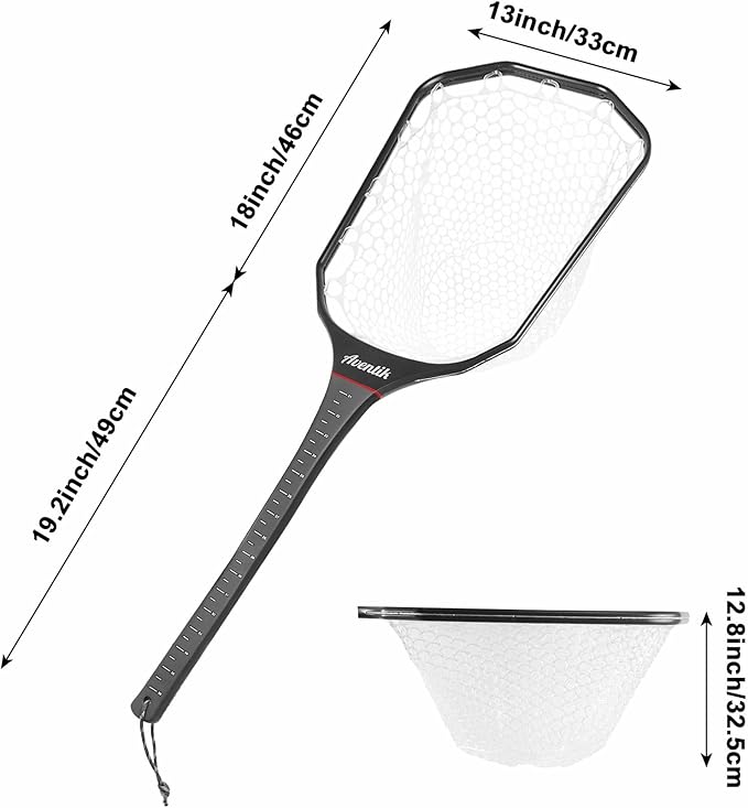 Aventik Floating Fly Fishing Net Carbon Fiber Square Landing Net with Accurate Measuring Handle Clear Rubber Ghost Mesh for Professional Trout Fishing Catch & Release